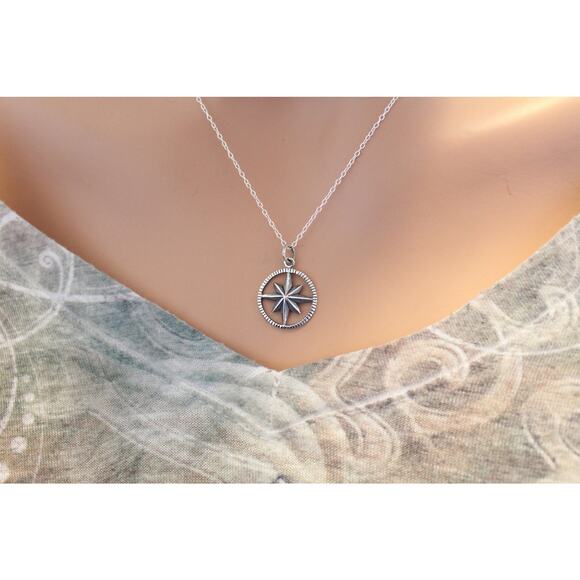 Sterling Silver Starburst Compass Necklace, Compass Necklace - Picture 3 of 3
